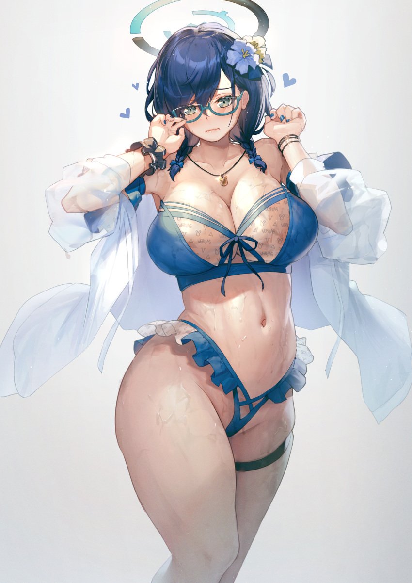 1girls belly_button big_breasts bikini blue_archive blue_bikini blue_eyes blue_glasses blue_hair blush braid breasts chihiro_(blue_archive) cleavage curvy curvy_body curvy_female curvy_females curvy_figure curvy_hips embarrassed embarrassed_female female female_focus female_only flower_in_hair flowers frilled_bikini frills front-tie_top glasses grey_background groin hair_flower hair_ornament hair_over_shoulder halo hands_up heart hearts hi_res highleg highleg_bikini jewelry light-skinned_female light_skin looking_at_viewer mazel millennium_science_school_student navel necklace open_clothes open_shirt pale-skinned_female pale_skin panties see-through short_hair shy simple_background skindentation solo solo_female solo_focus stomach swimsuit text_on_body text_on_breast thick thick_thighs thigh_strap thighs twin_braids veritas_(blue_archive) very_high_resolution wavy_mouth wet wet_body white_skin wrist_cuffs