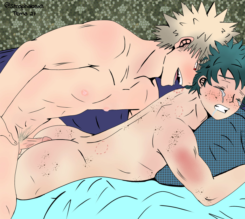 2boys bite_mark clenched_teeth closed_eyes freckles green_hair izuku_midoriya katsuki_bakugou lying_on_stomach male male_only my_hero_academia nude_male on_stomach penis sharp_fangs sharp_teeth spiky_hair strophalosx3 tears yaoi