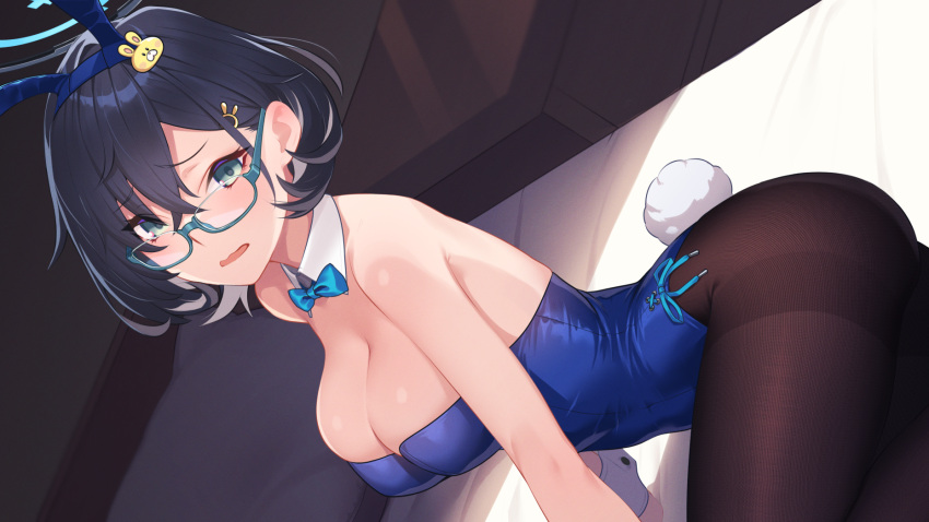 big_breasts black_hair blue_archive blue_eyes blush bunny_ears bunny_girl bunnysuit chihiro_(blue_archive) glasses hair_ornament pantyhose playboy_bunny short_hair thighband_pantyhose