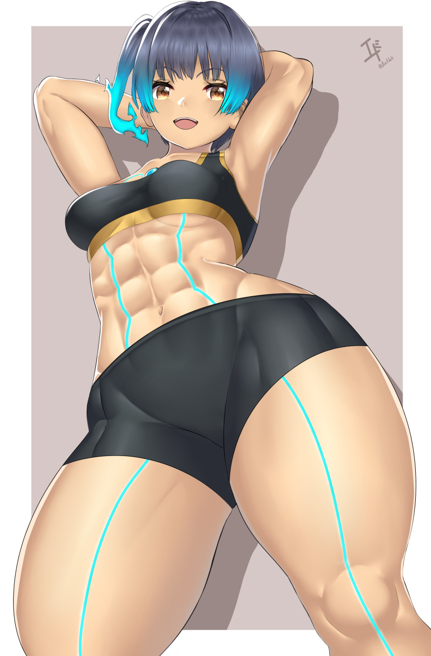 1girls abs arcedo big_thighs female gym_shorts hand_on_head huge_thighs muscular muscular_female nintendo sena_(xenoblade) shorts solo sports_bra thick_thighs toned toned_female wide_hips xenoblade_(series) xenoblade_chronicles_3