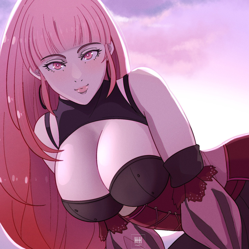 1girls 2d 2d_(artwork) bangs bare_shoulders bent_over breasts cleavage cleavage_cutout clothing_cutout corset cut_bangs earrings female female_only fire_emblem fire_emblem:_three_houses hair_down highres hilda_valentine_goneril hoop_earrings ihsnet jewelry large_breasts leaning_to_the_side light_blush lips lipstick long_hair looking_at_viewer lowered_eyelids makeup nintendo pink_hair pink_lips puffy_sleeves smile solo very_long_hair watermark wrist_cuffs