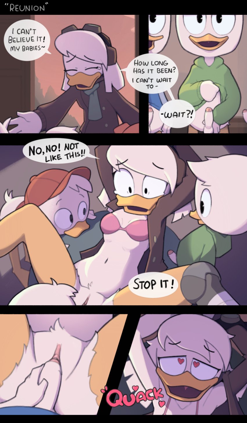 <3_eyes absurd_res age_difference anatid anseriform anthro avian balls bird blue_clothing blue_shirt blue_topwear bodily_fluids bottomless bound bra breasts brown_clothing brown_coat brown_topwear clothed clothing clothing_lift coat comic della_duck dewey_duck dialogue disney duck ducktales ducktales_(2017) english_text erection eyebrow_through_hair eyebrows feathers female female_penetrated forced genitals green_clothing green_hoodie green_scarf green_topwear group hair hat headgear headwear heart hi_res hoodie huey_duck incest larger_penetrated louie_duck male male/female male_penetrating male_penetrating_female mother mother_and_child mother_and_son mother_penetrated navel older_penetrated onomatopoeia parent parent_and_child penetration penile penile_penetration penis penis_in_pussy pink_bra pink_clothing pink_underwear pussy red_clothing red_hat red_headwear red_shirt red_topwear restrained restrained_arms scarf sex shirt size_difference small_dom_big_sub son son_penetrating_mother sound_effects speech_bubble spread_legs spreading ta777371 tears text topwear translucent translucent_hair underwear vaginal_penetration white_body white_feathers young