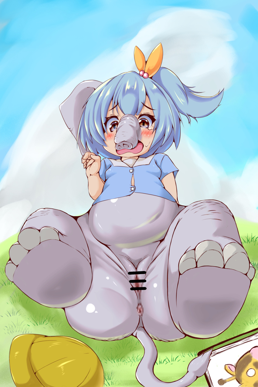 2022 2:3 4_toes absurd_res anus blue_clothing blue_hair blue_shirt blue_topwear blush bodily_fluids bottomless breasts censored clothed clothing cloud conohacoconoka elephant elephantid feet female genitals grass grey_body hair hat headgear headwear hi_res human mammal open_mouth outside plant proboscidean pussy shirt shocked solo tears toes topwear trunk young