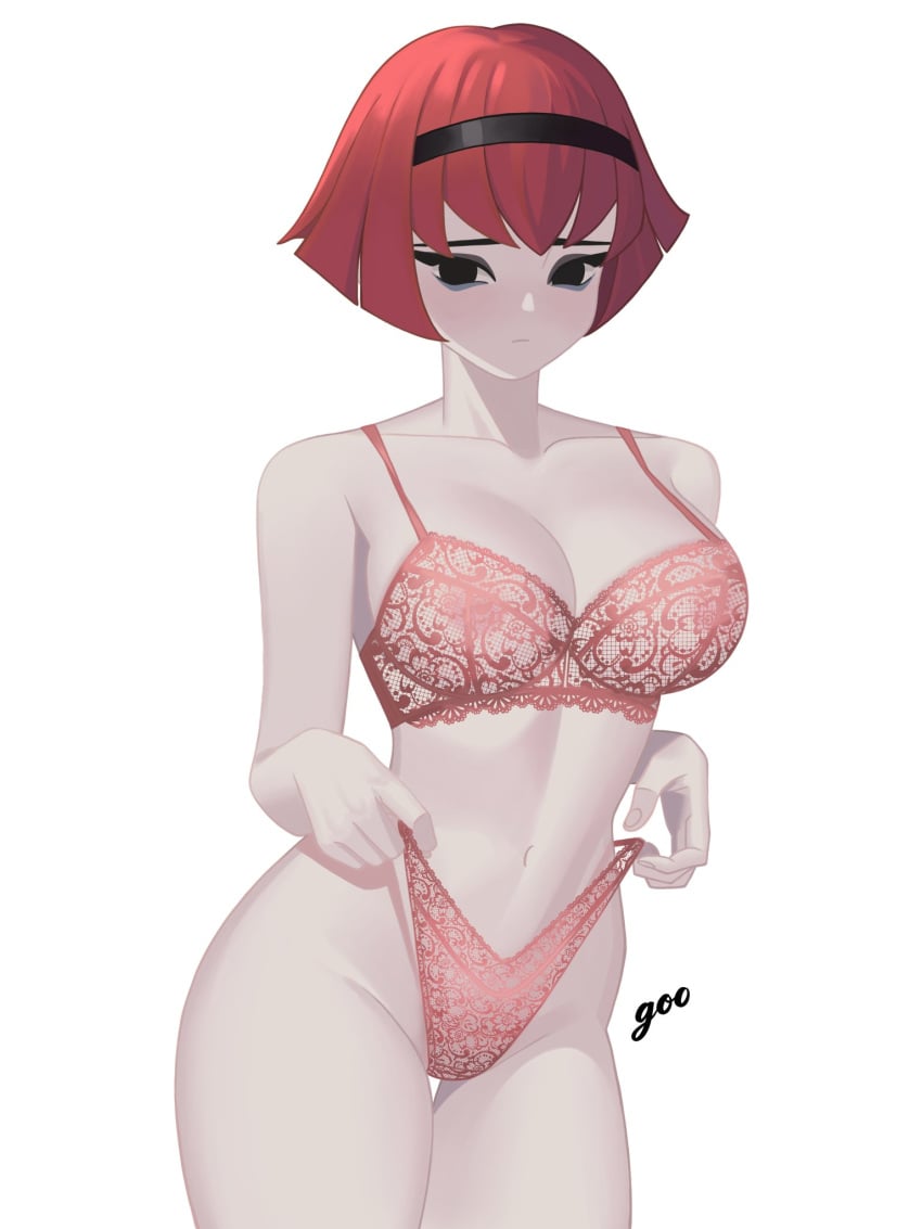 1girls android black_eyes breasts brown_hair cleavage female hairband hochihochiha lingerie looking_at_viewer medium_hair r._dorothy_wayneright red_hair short_hair solo the_big_o thick_thighs underwear white_background white_skin wide_hips