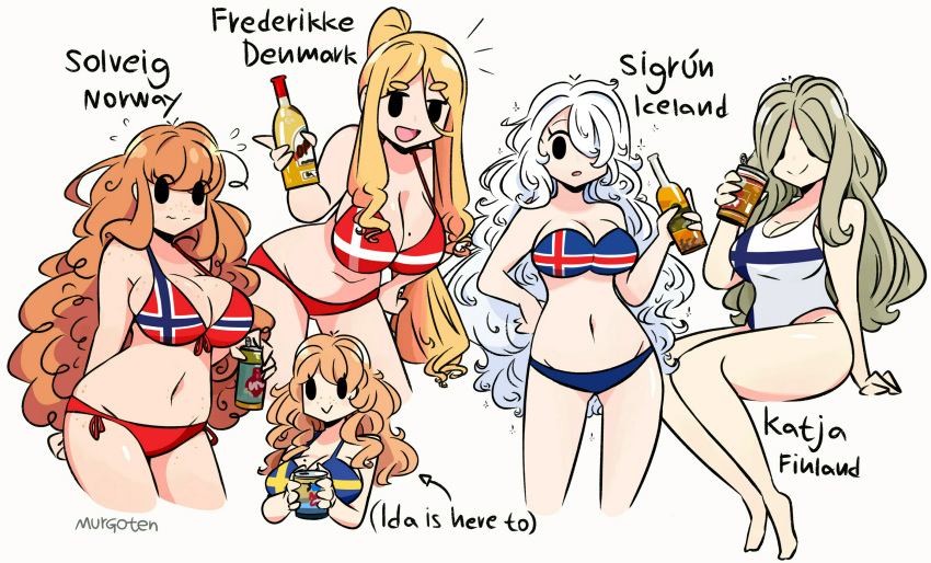 5girls :) alcohol arms_behind_back arrow_(symbol) beer big_breasts bikini bikinis black_eyes blonde_hair bottle breasts character_name cleavage danish_flag denmark drink english_text female female_only finland finnish_flag freckles freckles_on_body freckles_on_breasts freckles_on_chest freckles_on_face freckles_on_hips freckles_on_shoulders freckles_on_thighs frederikke_(murgoten) front_view ginger ginger_hair happy holding_drink holding_object human iceland icelandic_flag ida_(murgoten) katja_(murgoten) light-skinned_female light_skin long_hair mob_face mole mole_on_breast multiple_girls murgoten national_personification nordic northern_european norway norwegian_flag open_eyes open_mouth orange_soda original original_character original_characters pale-skinned_female pale_skin red_hair scandinavia side_view sigrun_(murgoten) simple_background simple_eyes sitting smile soda solveig_(murgoten) standing sweat sweden swedish_flag swimsuit swimwear text voluptuous voluptuous_female white_background white_hair wide_hips yellow_hair