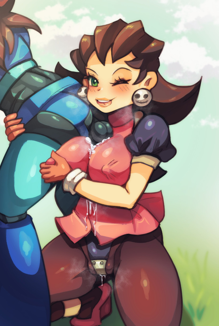 1boy 1girls big_breasts blush clothed_female clothed_paizuri cum drcockula enemies_having_sex erect_nipples female female_chastity femdom grabbing_own_breast mega_man mega_man_legends mega_man_volnutt nipple_bulge one_eye_closed paizuri reverse_paizuri sex squatting tron_bonne unseen_male_face wet_pussy wink winking_at_viewer