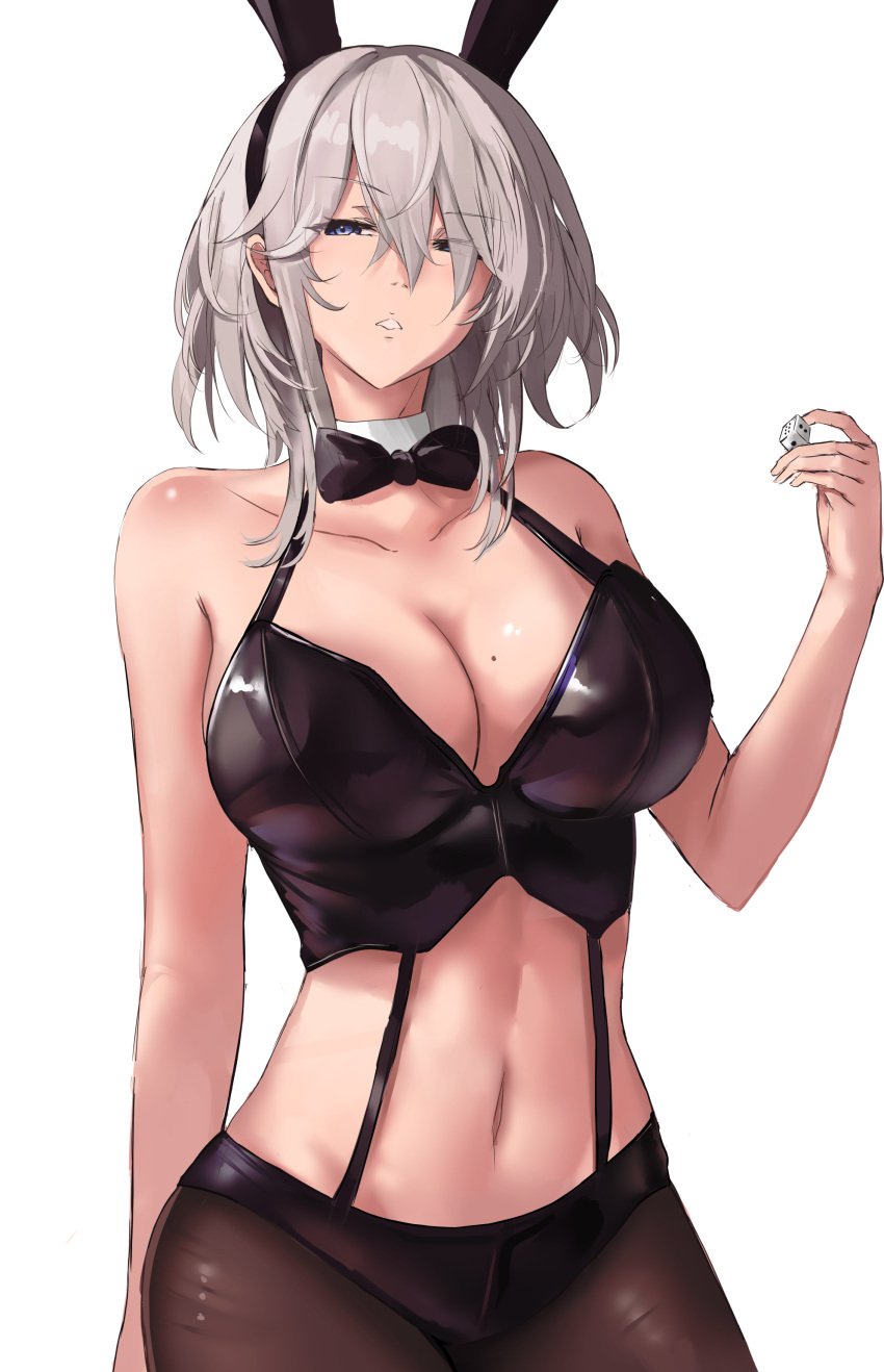 1girls animal_ears azur_lane bare_arms bare_shoulders belly belly_button big_breasts black_shirt blue_eyes bow bowtie breasts brown_pantyhose bunny_ears bunny_girl bunnysuit cleavage collarbone cowboy_shot crop_top detached_collar dice fake_animal_ears female female_focus female_only grey_hair hairband half-closed_eyes hand_up holding holding_object large_breasts liaowen light-skinned_male light_skin midriff mole mole_on_breast navel official_alternate_costume pantyhose parted_lips playboy_bunny rabbit_ears revealing_clothes shirt short_hair simple_background skinny sleeveless sleeveless_shirt solo solo_female solo_focus stomach teeth teeth_showing teeth_visible washington_(azur_lane) white_background white_skin