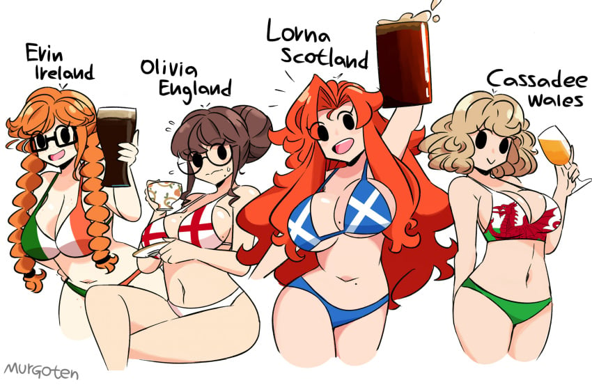 4girls alcohol beer big_ass big_breasts big_hips bikini bikinis blonde_hair brown_hair cassadee_(murgoten) england english english_flag erin_(murgoten) female female_only flag flags freckles freckles_on_breasts freckles_on_thighs ginger ginger_hair glasses guiness hair_bun harem ireland irish_flag light-skinned_female light_skin lorna_(murgoten) mob_face mole mole_on_belly mole_on_breast multiple_girls murgoten national_personification olivia_(murgoten) original original_character original_characters pale pale-skinned_female pale_skin red_hair scotland scottish_flag scottish_flag_bikini sidelocks sweatdrop tea tea_cup twintails wales welsh_flag white_background