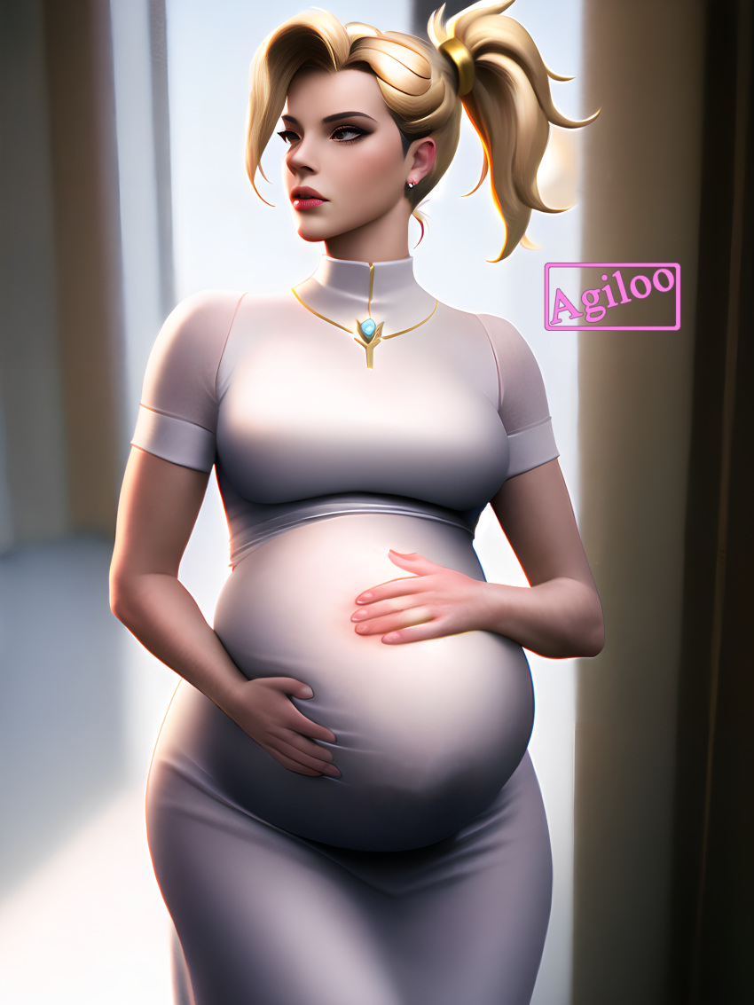 1girls agiloo ai_generated blonde blonde_female blonde_hair dress mercy ornate overwatch overwatch_2 pregnant solo stable_diffusion white white_body white_skin