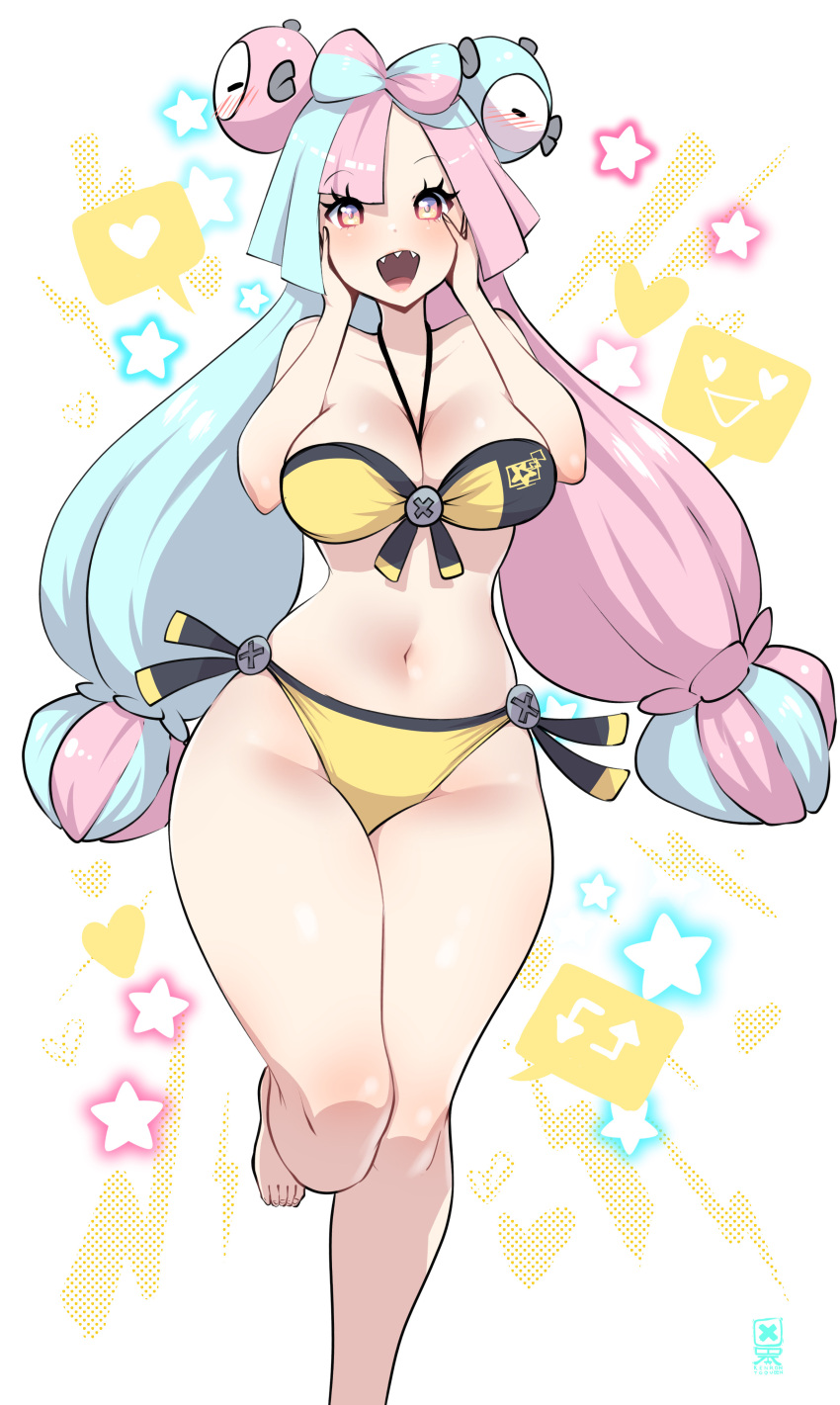 1girls alternate_breast_size bikini blue_hair blush breasts female gym_leader hair_ornament hi_res hips iono_(pokemon) kenron_toqueen large_breasts light-skinned_female light_skin long_hair nintendo pink_eyes pink_hair pointy_teeth pokemon pokemon_sv sharp_teeth slim_waist smile solo swimsuit thick_thighs thighs two_tone_hair white_background wide_hips