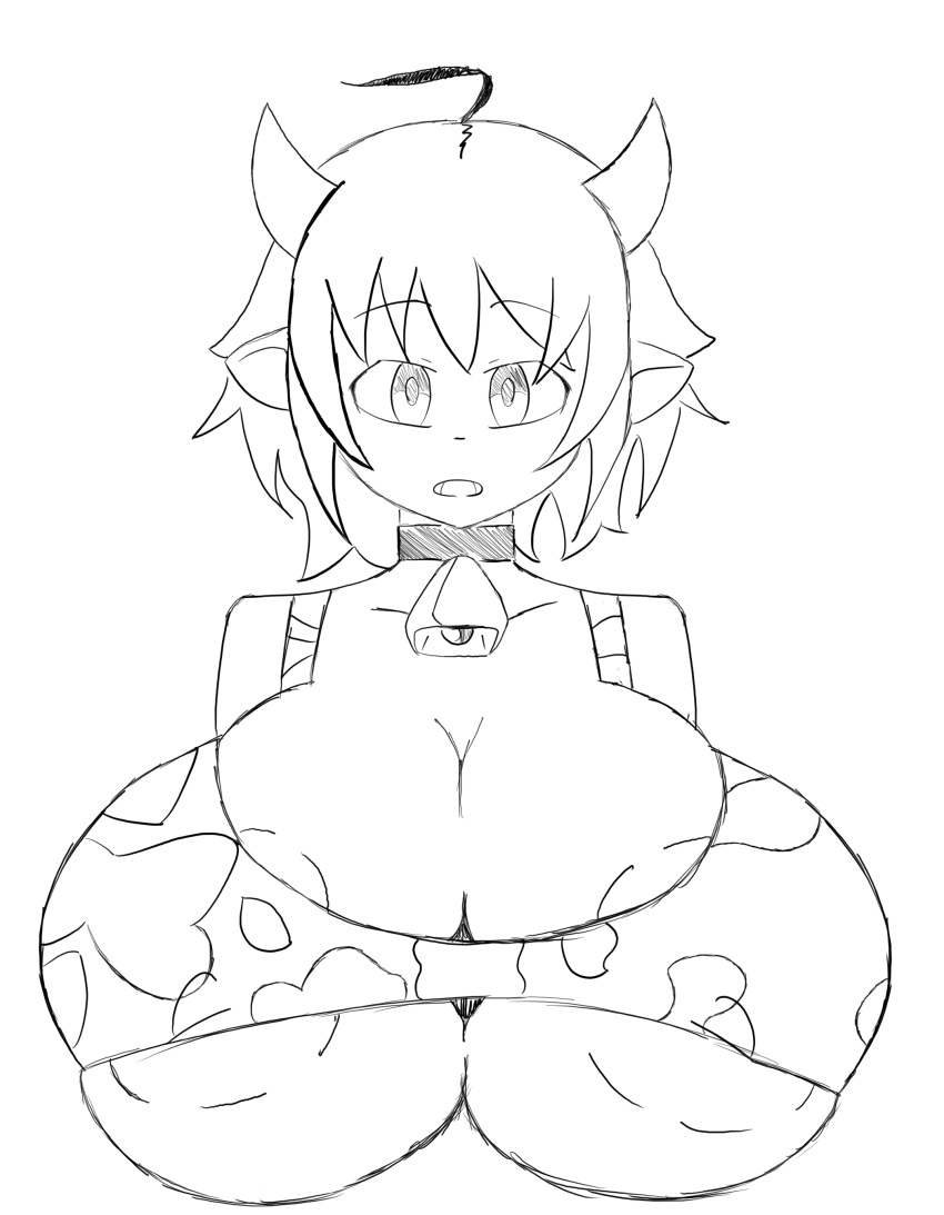 bell_collar big_areola cow_girl cow_print doodle drawn female_minotaur gigantic_breasts horn huge_breasts ishuzoku_reviewers kuruman milky_(ishuzoku_reviewers) minotaur monster_girl tight_clothing white_background