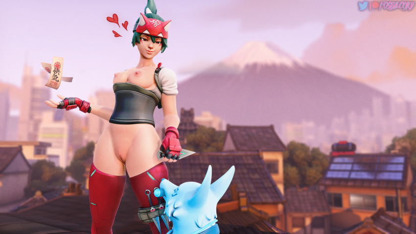 3d big_breasts blizzard_entertainment brown_eyes exposed_breasts exposed_pussy female fossilcord green_hair hard_nipples kiriko_(overwatch) kitsune_(overwatch) kunai mostly_nude overwatch overwatch_2 pussy smiling solo_female solo_focus