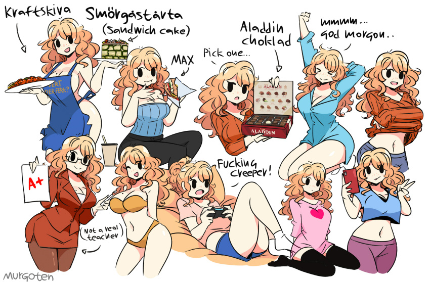 apron big_ass big_breasts big_hips bikini black_stockings blonde_hair cleavage collection eating female food game_controller gamer_girl gaming ida_(murgoten) light-skinned_female light_skin midriff mob_face murgoten naked_apron northern_european pale-skinned_female pale_skin selfie small_waist stockings sweater teacher teacher_outfit waking_up yellow_bikini