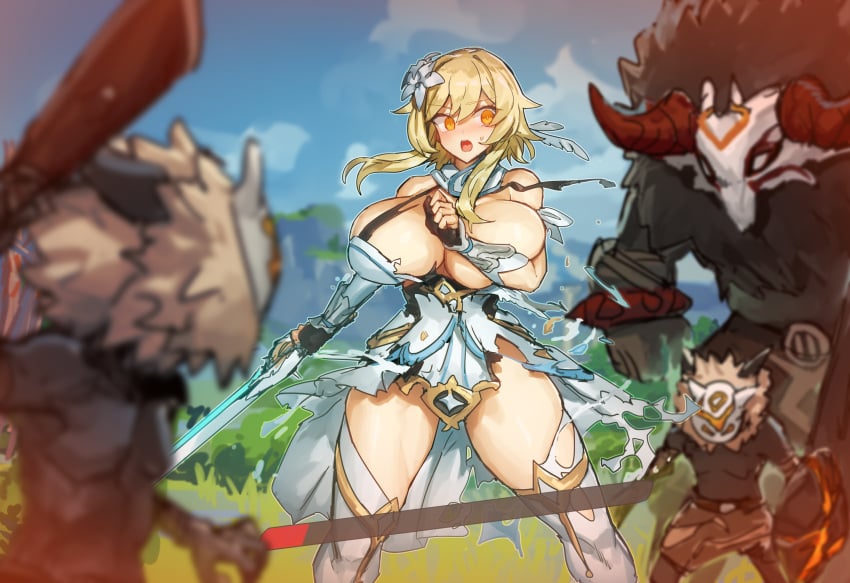 1girls 3boys :o alternate_breast_size blonde_hair blush breasts covering covering_breasts day dress female fingerless_gloves gameplay_mechanics genshin_impact gloves health_bar highres hilichurls_(species) horns hoyoverse huge_breasts lumine_(genshin_impact) melon22 multiple_boys multiple_others one_breast_out orange_eyes outdoors short_hair_with_long_locks thick_thighs thighhighs thighs torn_clothes torn_dress vambraces white_dress white_thighhighs