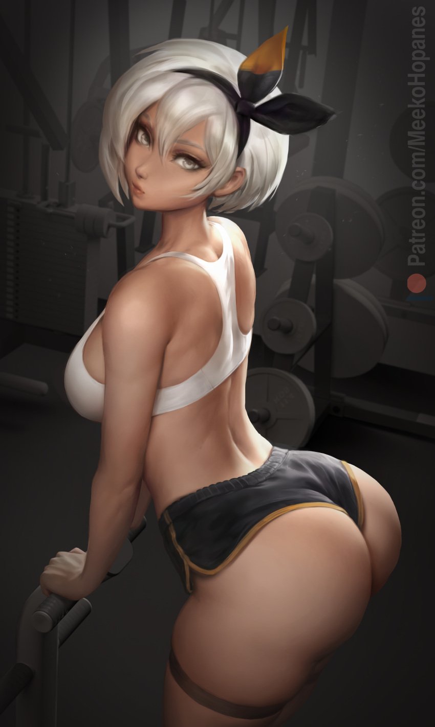 1girls ass bea_(pokemon) booty_shorts breasts brown_skin bubble_butt clothing dark-skinned_female dark_skin dolphin_shorts female game_freak gym hartman_hips hi_res hips human indoors large_ass large_breasts looking_at_viewer meekohopanes nintendo patreon_username pokemon pokemon_ss short_hair short_shorts shorts slim_waist sports_bra sportswear thick_thighs thighs video_game video_game_character video_games white_eyes white_hair wide_hips