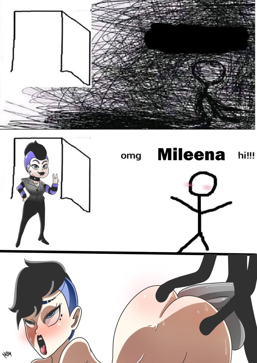 big_ass big_breasts big_butt black_hair blue_eyes blue_hair blush doggy_style english_text fucked_from_behind fucked_silly goth goth_girl gothic grey_balls grey_penis meme mileena_yagari momempleisnsfw omg_hi! pierced_ears pierced_lip stickman two_tone_hair