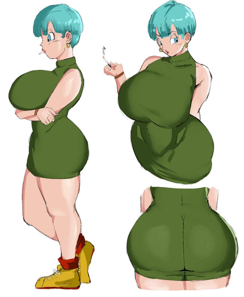 1girls big_ass big_breasts blue_eyes blue_eyes_female blue_hair bulma_briefs cigarette dragon_ball dragon_ball_z female female_only holding_cigarette huge_ass huge_breasts milf panarandom smoke smoking solo solo_female toei_animation