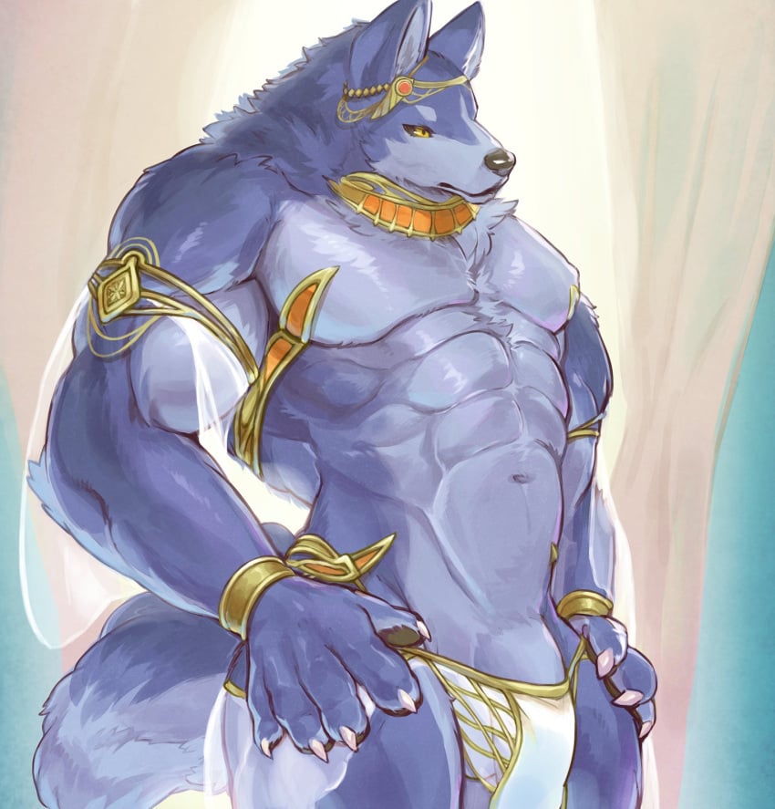 abs anthro big_penis blue_body blue_fur canid canine canis clothing flaccid fur genitals harem_jewelry harem_outfit hi_res kuritama male mammal muscular muscular_anthro muscular_male pecs penis penis_base solo translucent translucent_clothing wolf