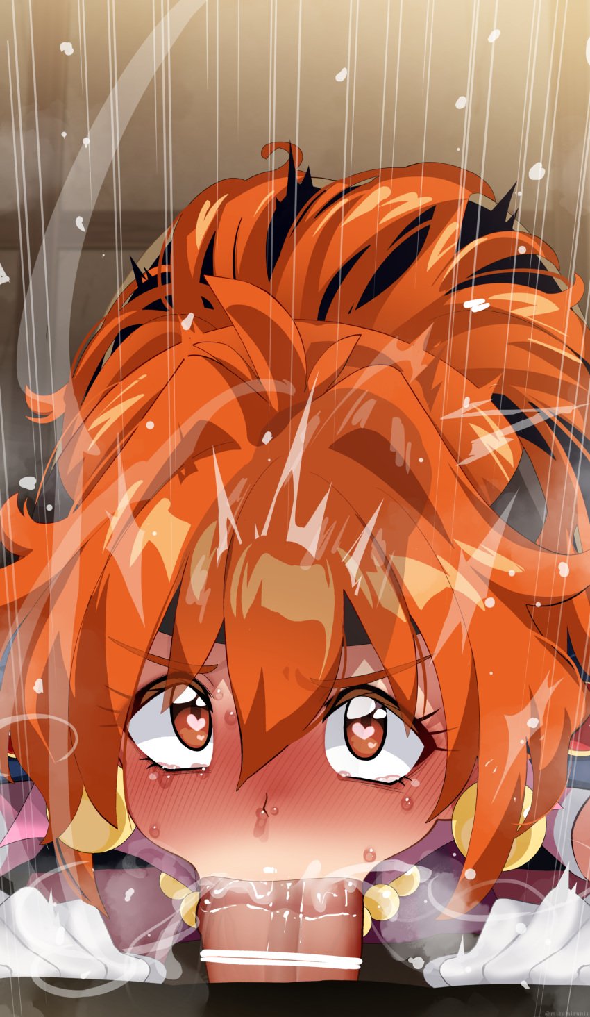 1boy 1girls big_ass blowjob blush censor_bar censored clothed clothed_female clothing deepthroat eye_contact fellatio female gloves heart-shaped_pupils huge_cock large_penis lina_inverse long_hair looking_at_viewer mizumizuni oral orange_eyes orange_hair penis saliva slayers sweat tears trembling veiny_penis visible_breath