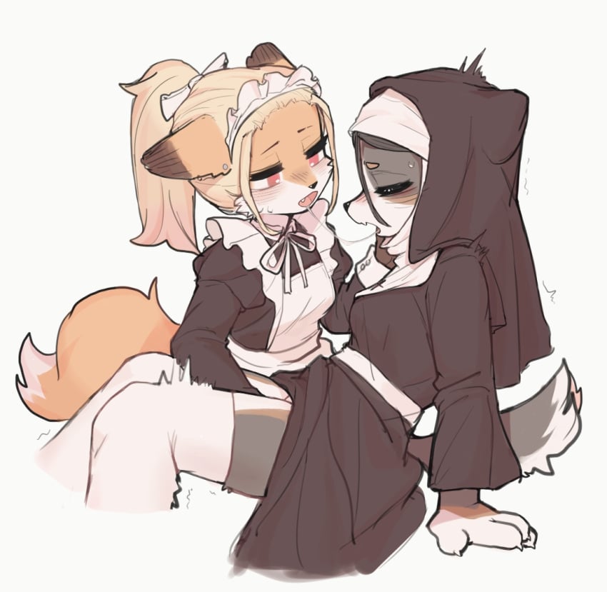 anthro blush bodily_fluids canid canine canis clothing crayon_(artist) domestic_dog female female/female finger_fuck fingering fox maid_uniform mammal nun orgasm_face saliva saliva_string uniform vaginal_penetration