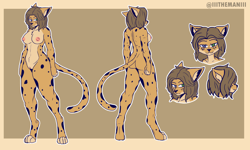 4_toes 5:3 absurd_res anthro ass breasts brown_hair dungeons_and_dragons feet felid feline female fur genitals green_eyes hair hasbro hi_res mammal model_sheet nipples nude smile solo spots spotted_body spotted_fur tabaxi tan_body tan_fur the_man toes wizards_of_the_coast
