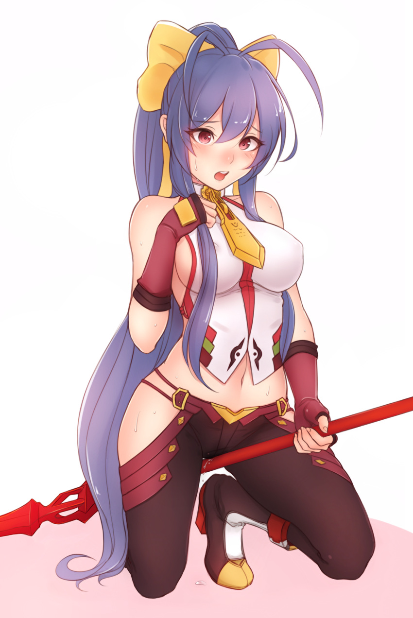 1girl 1girls 2d antenna_hair backless_outfit bangs bare_shoulders big_breasts black_pants blazblue blazblue:_central_fiction blazblue_variable_heart blue_hair bluefield blush boots bow breasts clothed_masturbation clothes clothing covered_erect_nipples crotch_rub female female_focus female_masturbation female_only female_solo fingerless_gloves full_body genderswap genderswap_(mtf) gloves hair_between_eyes hair_bow halterneck hand_on_own_chest high_heel_boots high_heels high_ponytail highres holding holding_weapon kneeling long_hair long_ponytail lowleg lowleg_pants mai_natsume masturbation masturbation_through_clothes medium_breasts midriff navel nipples_visible_through_clothing no_bra no_panties nose_blush open_mouth outseal pants polearm ponytail purple_eyes pussy_juice pussy_juice_drip_through_clothes pussy_juice_puddle pussy_juice_stain pussy_juice_trail red_gloves revealing_clothes ribbon sideboob sidelocks solo solo_female spear spread_legs sweat tagme thick_thighs thighs through_clothes useless_clothing very_long_hair weapon wet wet_clothes yellow_bow