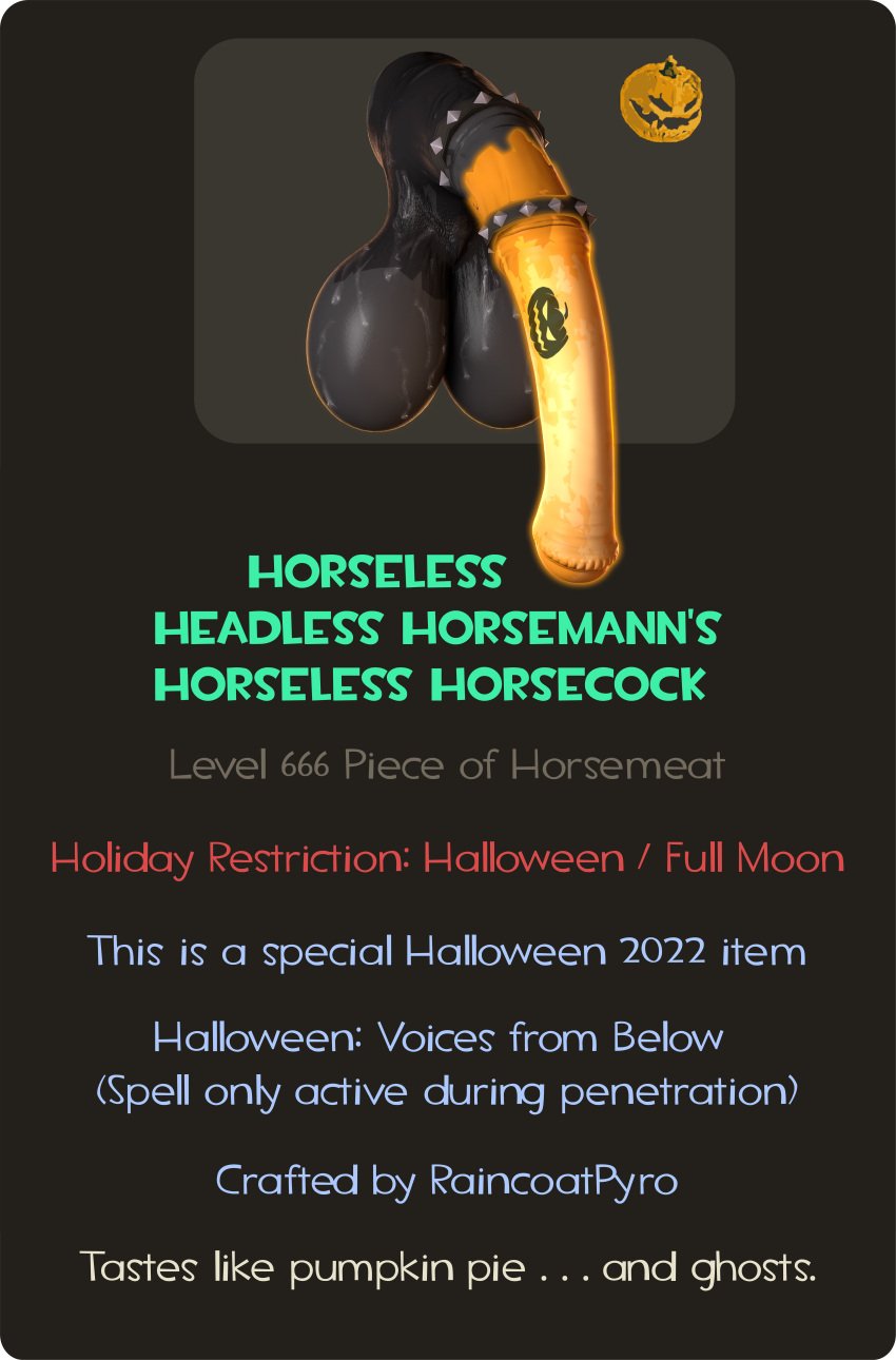 big_balls big_penis big_testicles black_balls black_testicles bodily_fluids description different_colored gameplay_mechanics glowing glowing_genitalia glowing_penis halloween halloween_pumpkin horse_penis horsecock horseless_headless_horsemann item item_description large_penis large_testicles orange_cock orange_penis parody parody_porn penis penis_out presenting presenting_dick presenting_penis raincoatpyro self_upload sfm spiked_cock_ring stats sweat sweatdrop sweating sweaty sweaty_balls sweaty_genitalia sweaty_testicles tattoo_on_penis team_fortress team_fortress_2 text text_box textbox