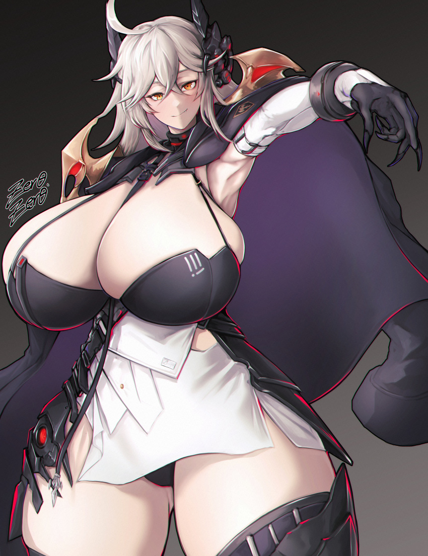 1girls artist_signature breasts cleavage faucre_(last_origin) female hi_res hips huge_breasts last_origin light-skinned_female light_skin long_hair looking_at_viewer revealing_clothes thick_thighs thighs white_hair wide_hips zer0artzer0