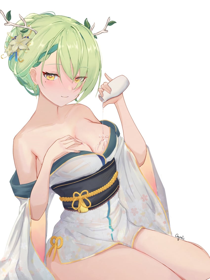 beauty_mark bedroom_eyes ceres_fauna chyraliss flower_in_hair green_hair hand_on_breast hololive hololive_english hololive_english_-council- hololive_english_-promise- horns pouring pouring_on_breasts pouring_on_self single_braid sitting virtual_youtuber white_background yukata