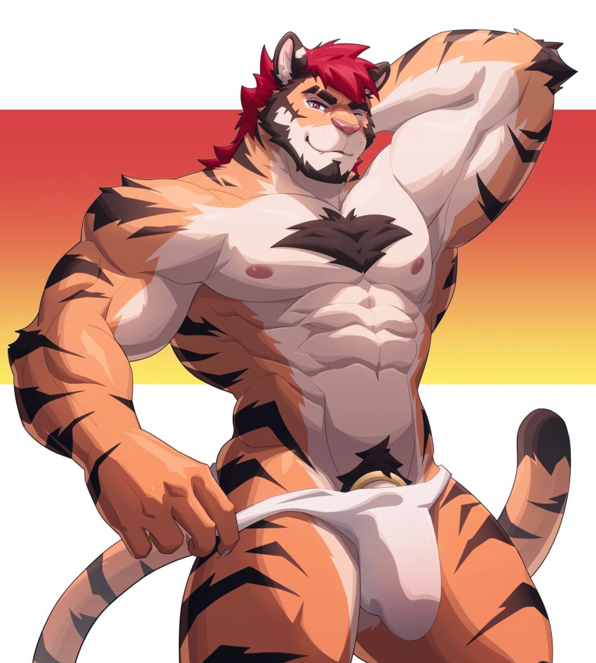 absurd_res accessory anthro brown_stripes chest_tuft clothing cock_ring felid genitals hair hi_res jewelry male mammal pantherine penis penis_accessory penis_jewelry red_eyes red_hair redick solo stripes tiger tuft uiokv underwear