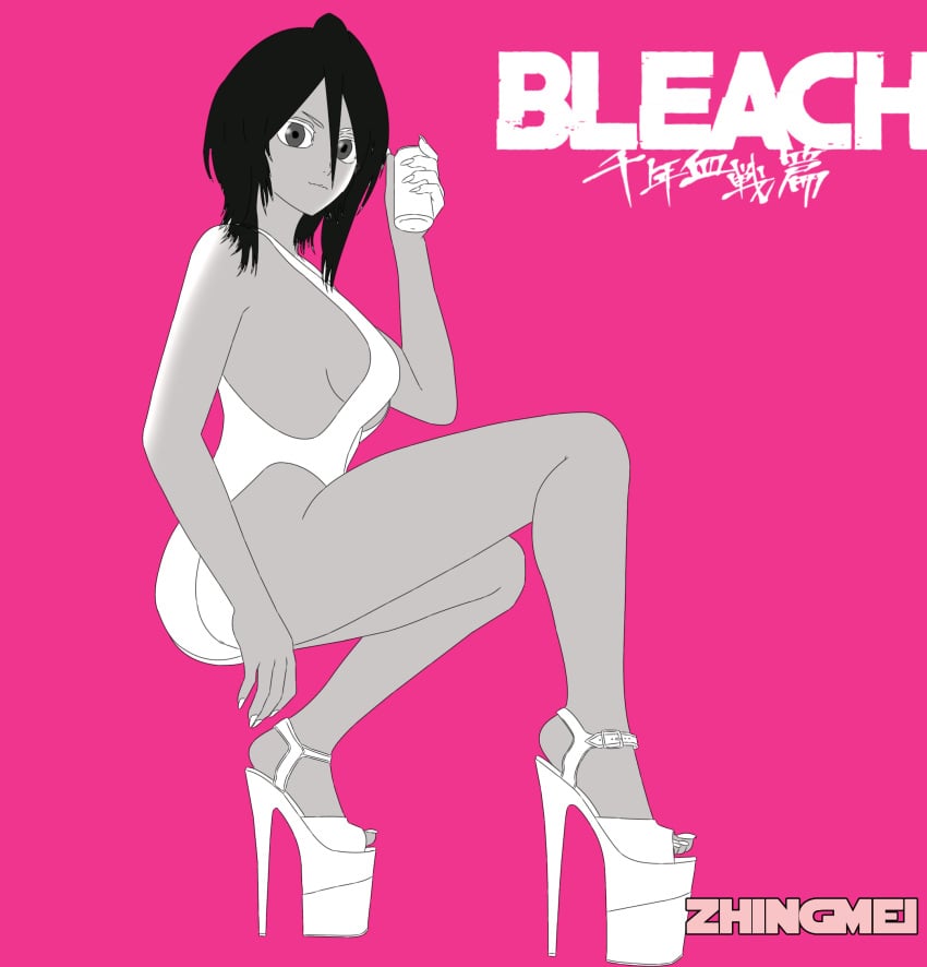 1girls black_hair bleach bleach:_the_thousand-year_blood_war crouching high_heels kuchiki_rukia monotone_body pink_background shihouinsutara short_black_hair short_hair side_boob solo_female thighs toes white_can white_dress white_eyelashes white_high_heels white_nails zhingmei