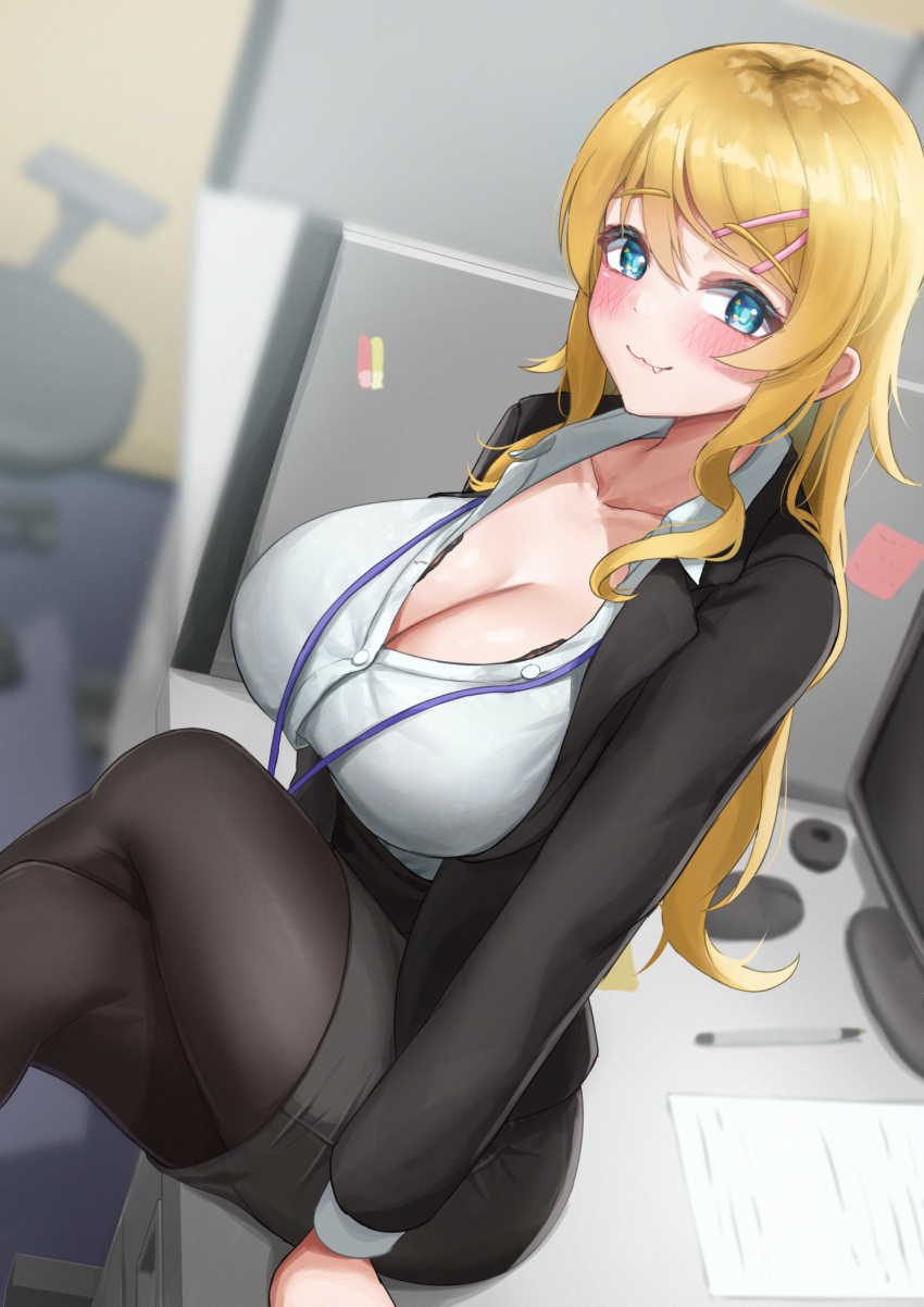 1girls 2022 aged_up alternate_breast_size alternate_version_available blonde_hair blue_eyes blush bra bra_peek breasts cleavage closed_mouth collarbone crossed_legs cubicle desk dress_shirt female female female_only hair_between_eyes highres huge_breasts indoors iro_(boo_iro) kousaka_kirino lanyard large_breasts long_hair long_sleeves looking_at_viewer office office_lady on_desk ore_no_imouto_ga_konna_ni_kawaii_wake_ga_nai pantyhose partially_unbuttoned pencil_skirt shirt sidelocks sitting sitting_on_desk skirt smile solo solo_female underwear wavy_hair