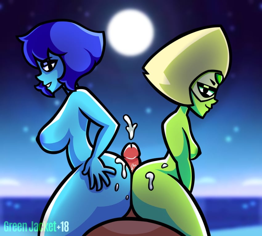 1boy 2girls ass background big_ass big_breasts big_penis blue_hair blue_skin breasts buttjob cartoon_network cum cum_on_ass cumshot ffm_threesome green_jacket_(artist) green_skin lapis_lazuli_(steven_universe) night nude nude_female penis peridot_(steven_universe) steven_universe steven_universe_future thick_thighs threesome yellow_hair