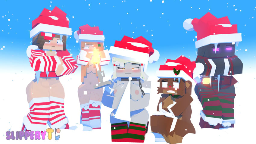 3d 4girls allie_the_ghost amber_green_(slipperyt) bia_prowell_(slipperyt) big_breasts black_skin bottomless casual_exposure casual_nudity christmas christmas_hat completely_nude_female enderwoman female female_only ghost ghost_girl hair_over_breasts horny_female human_female humanoid jenny_belle_(slipperyt) living_plushie marie_prowell_(slipperyt) mine-imator minecraft multiple_girls nude_female outside plushie purple_eyes slipperyt snow tagme teddy_bear topwear