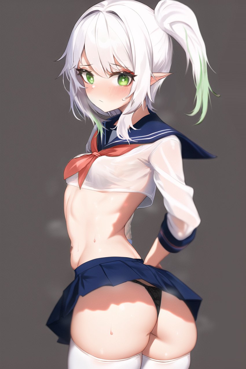 ai_generated alternate_costume ass blush breasts embarrassed female from_behind genshin_impact gradient_hair green_eyes green_hair huge_ass long_hair looking_at_viewer miniskirt multicolored_hair nahida_(genshin_impact) nai_diffusion pointy_ears ponytail school_uniform see-through see-through_shirt shiny shiny_hair shiny_skin sideboob skirt small_breasts stable_diffusion sweat thick_thighs thighhighs thong white_hair