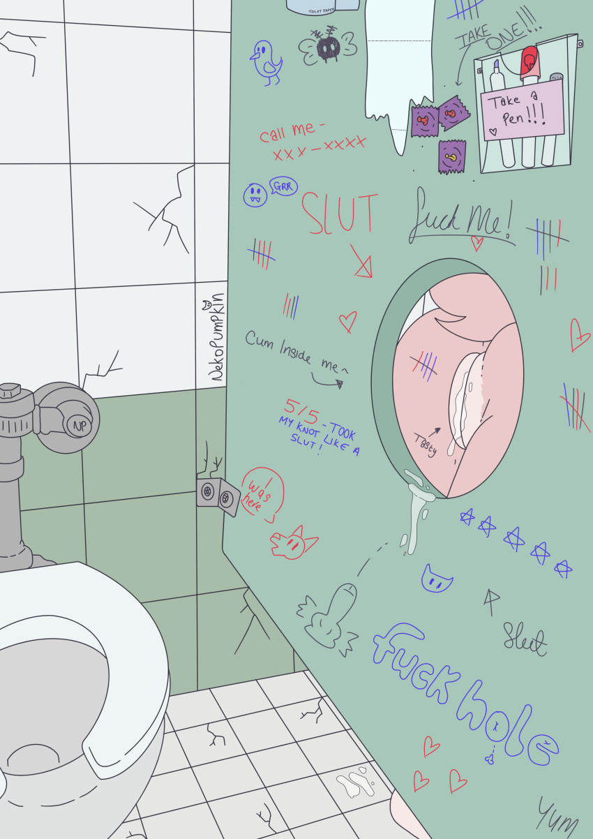 absurd_res anthro ass_up bathroom bodily_fluids canid canine canis condom cum cum_drip cum_in_pussy cum_inside drawing drawing_on_body dripping female fox fur genital_fluids genitals glory_hole graffiti hi_res kiki_(nekopumpkin) mammal marker markings nekopumpkin pink_body pink_fur pins public public_exposure public_restroom public_use pussy sexual_barrier_device solo tally_marks text through_wall writing_text