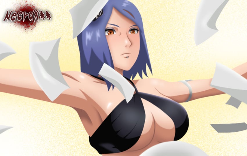 1girls adapted_costume alternate_costume armband armpits big_breasts bikini bikini_top blue_hair blush breast_focus breasts busty center_opening cleavage female female_only konan long_hair makeup mascara mature mature_female naruto naruto_(series) naruto_shippuden necroxxx orange_eyes paper piercing revealing_swimsuit skimpy skimpy_bikini solo solo_focus spread_arms swimsuit underboob upper_body