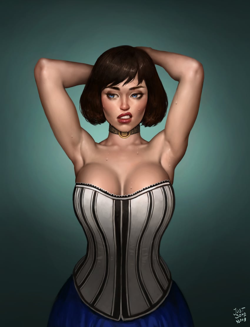 1girls armpit armpit_sweat armpits arms_up bare_shoulders big_breasts bioshock bioshock_infinite blue_eyes breasts brown_hair busty choker cleavage corset elizabeth_comstock eyeshadow female female_focus female_only hourglass_figure justsomenoob large_breasts lips lipstick lipstick_smear make-up make_up makeup mascara mascara_tears realistic red_lips red_lipstick short_hair skirt smeared_lipstick sweat sweatdrop sweating sweaty