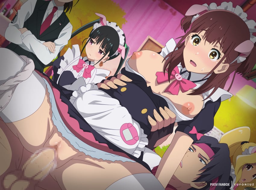 1boy 2022 4girls akiba_maid_sensou animal_ears apron bangs being_watched black_hair blonde_hair bow breasts breasts_out brown_eyes censored closed_mouth clothed_female clothed_female_nude_male clothed_sex clothes_lift crossed_arms dress dress_lift eufoniuz fake_animal_ears formal frown headband highres indoors long_hair looking_away maid maid_apron maid_dress_(ton_tokoton_café) maid_headdress mosaic_censoring multiple_girls necktie no_bra no_panties open_mouth p.a._works panties panties_around_one_leg pig_ears ponytail public_indecency purple_eyes pussy sex shiipon_(akiba_maid_sensou) short_twintails straight suit sweatdrop teeth tenchou_(akiba_maid_sensou) thighhighs ton_tokoton_café toritateya_(akiba_maid_sensou) torso_grab twintails underwear upper_teeth vaginal_penetration wahira_nagomi white_panties white_thighhighs yumechi_(akiba_maid_sensou)