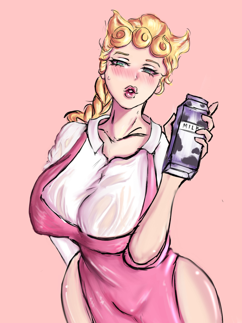 1girls big_breasts big_butt blonde blonde_female blonde_hair blush blushing blushing_at_viewer breast breasts female female_focus female_only gender_bender giorno_giovanna green_eyes human jojo's_bizarre_adventure light-skinned_female light_skin maid maid_outfit maid_uniform milk mommy pink_clothing rule_63 see-through_clothing shounen_jump vento_aureo