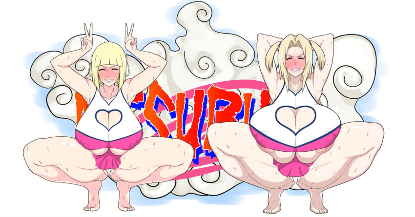 2girls alternate_costume barefoot big_breasts blonde_hair breasts duo female female_only huge_breasts large_breasts light-skinned_female multiple_girls naruto samui short_hair sihkygmojsn squatting sweat tagme tsunade