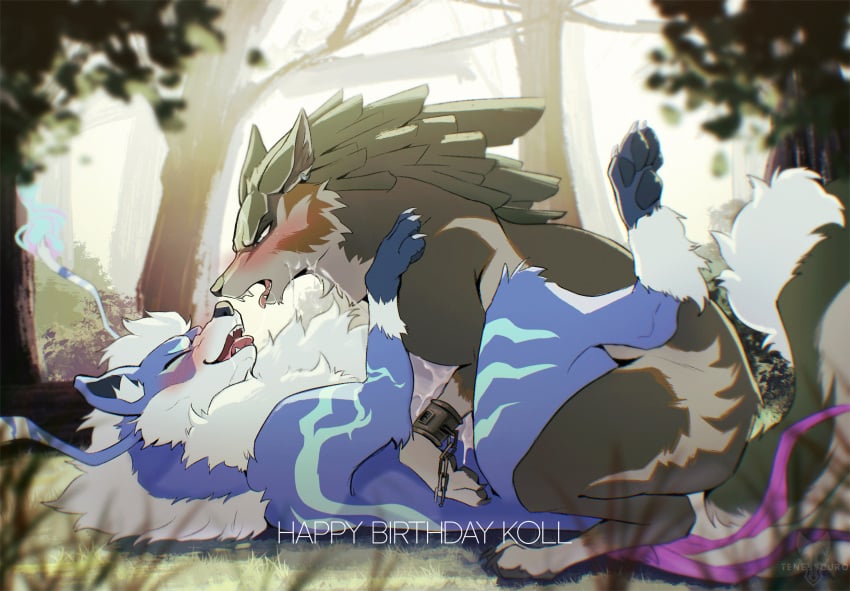 absurd_res anal anal_sex arcanine black_nose blue_body blue_eyes blue_fur blush bodily_fluids brown_body brown_fur canid canine canis chains cheek_tuft chest_tuft claws closed_eyes countershading cuff_(restraint) cum cum_drip cum_on_chest cum_on_chin digitigrade dripping duo ear_piercing ear_ring ears_back english_text facial_tuft fangs feral finger_claws fluffy forest fur generation_1_pokemon genital_fluids grass grey_body grey_fur head_tuft hi_res inner_ear_fluff looking_at_another looking_pleasured male male/male male_only male_penetrated male_penetrating male_penetrating_male mammal nintendo open_mouth penetration piercing pivoted_ears plant pokemon pokemon_(species) quadruped restraints ring_piercing sex shaded smile snout tenebscuro text the_legend_of_zelda toe_claws tree tuft twilight_princess video_games white_body white_fur wolf wolf_link wrist_cuffs