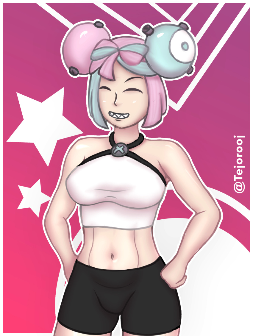 1girls belly belly_button big_breasts blue_hair female female_only game_freak gym_leader iono_(pokemon) nintendo nintendo_switch pink_hair pokemon pokemon_sv sharp_teeth shorts simple_background smiling solo solo_female tejorooj thick_thighs