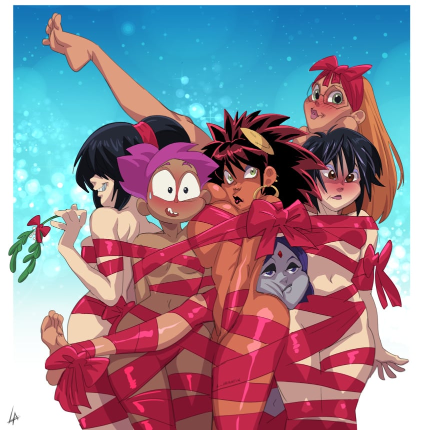 5_fingers 5_toes 6girls asian asian_female avatar_the_last_airbender big_breasts big_hero_6 black_eyes black_hair blush body_bags bow brown_eyes cartoon_network chocolate_and_vanilla christmas crossover dark-skinned_female dark_skin dc dc_comics dcau enid enid_(ok_k.o.!_lbh) eyewear female female_only glasses gogo_tomago green_eyes grey-skinned_female grey_skin headwear honey_lemon large_breasts latina leg_up liefeldianabomination light-skinned_female light_skin long_hair marvel medium_breasts multiple_girls nickelodeon nicktoons ok_k.o.!_let's_be_heroes panda_delgado purple_hair raven_(dc) red_bow red_headwear ribbon ribbon_bondage short_hair small_breasts sweat sweatdrop teen_titans toph_bei_fong white_sclera