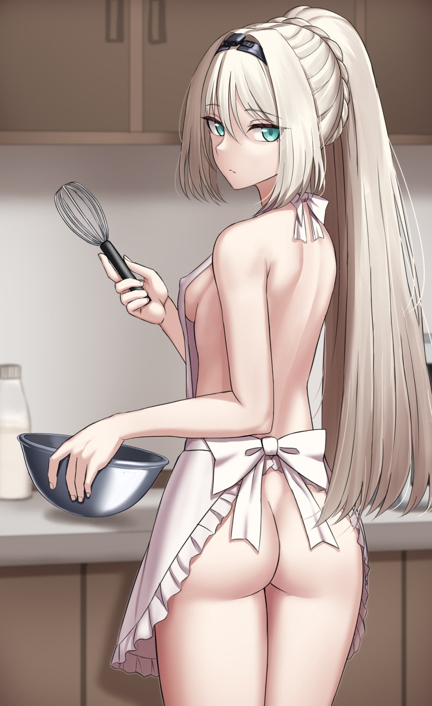 an-94_(girls'_frontline) apron_only ass baking blue_eyes girls'_frontline hair_tied_back kitchen long_hair looking_back practically_nude protruding_nipples sideboob silver_hair small_breasts tagme thighs whisk white_hair yakob_labo