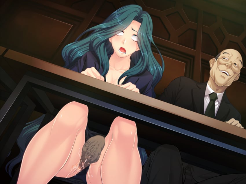 1boy 1girls age_difference ahe_gao bald bald_man balding censored cleavage climax climax_female climaxing cum defeated dubious_consent eyes_rolling_back fingering fingering_partner fingering_pussy game_cg green_eyes green_hair happy_dom makishima_ayame moaning_in_pleasure office_clothing office_lady office_suit official_art old_man older_dom_younger_sub older_male orgasm panties_aside pleasure_face questionable_consent red_cheeks rolling_eyes smirk smug smug_expression smug_eyes smug_face smug_grin smug_smile stealth stealth_fingering stealth_masturbation taimanin_(series) taimanin_kurenai thick_thighs ugly_bastard ugly_man under_the_desk under_the_table wavy_hair zol