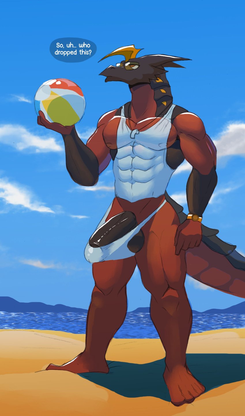 abs absurd_res anthro bakugan ball balls beach beach_ball black_balls black_penis clothed clothing detailed_background dialogue digital_media_(artwork) dragon english_text erection eyewear genitals glasses helios_(bakugan) hi_res horn humanoid_genitalia humanoid_penis inflatable male male_only mostly_nude muscular muscular_male muscular_thighs nipples pecs penis red_body red_eyes sand scalie seaside sega sega_toys sellon shirt solo tank_top text thong topwear underwear western_dragon