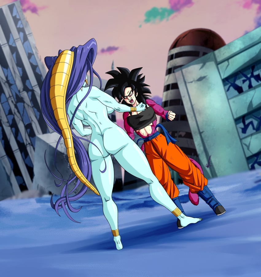 2girls abs angry angry_expression angry_eyes angry_face ankle_bracelets ankle_cuffs artist_request ass blue_body blue_hair blue_skin colored_skin dat_ass destroyed_city dragon dragon_ball dragon_ball_gt dragon_ball_heroes dragon_ball_xenoverse dragon_girl earrings evil_dragon feet female female_focus female_only female_saiyan fists fists_clenched gold_bracelets gold_jewelry hips liu_xing_long multiple_girls naked naked_female nude nude_female nude_female_clothed_female oceanus_shenron pan_(dragon_ball) red_eyeshadow red_fur saiyan shadow_dragon shiny shiny_ass shiny_breasts shiny_hair shiny_skin super_dragon_ball_heroes super_saiyan_4 thick thick_ass thick_hips thick_legs thick_thighs thigh_gap thigh_highs thighhighs thighs