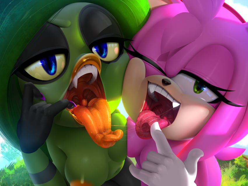 2d 2girls alien amy_rose blue_eyes breasts deadly_six eulipotyphlan fangs female female_only green_eyes hedgehog humanoid long_tongue mammal mawshot mouth_fetish multiple_girls no_text_version offering open_mouth oral_invitation orange_lips purple_nails saliva saliva_string saliva_trail sega sonic_(series) sonic_lost_world sonic_the_hedgehog_(series) theboogie tongue_out uvula zeena zeti zeti_(species)