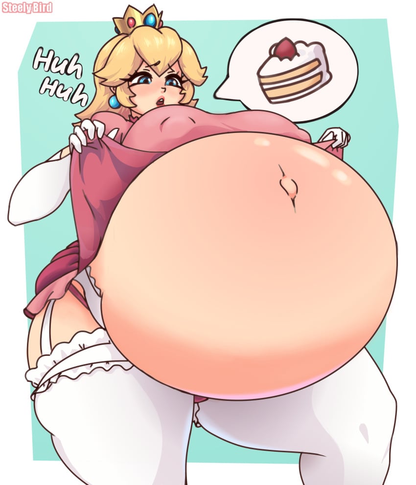 1girls belly belly_stuffing big_belly big_breasts blonde_hair blue_background breasts cake female female_only huge_belly mario_(series) nipple_bulge princess_peach simple_background solo steely_bird stuffed stuffed_belly stuffing weight_gain white_border